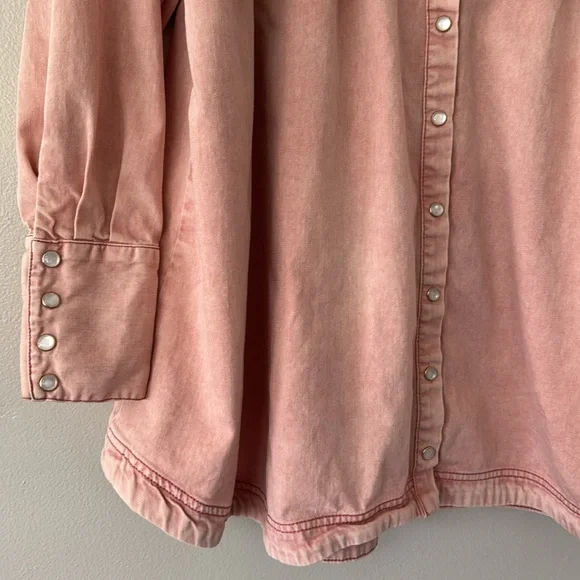 Free People Charlie Denim Button Down with Pearl Snap- Pink Denim - Picture 3 of 10